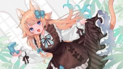 Rule 34 | 1girl, animal ear fluff, animal ears, blue eyes, braid, cat ears, cat girl, cat tail, clothing request, commission, controller, dress, earrings, eyebrows hidden by hair, freya fuyuki, frilled dress, frills, hair ornament, hair ribbon, hairclip, holding, holding controller, indie virtual youtuber, indoors, jewelry, long hair, open mouth, orange hair, pinafore dress, plant, ribbon, saku nosuke, shirt, sidelocks, skeb commission, sleeveless dress, solo, tail, very long hair, virtual youtuber, white shirt, window