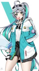 Rule 34 | 1girl, absurdres, ahoge, bandaid, bandaid on face, black skirt, breasts, blowing bubbles, chewing gum, epinel (nikke), facial tattoo, goddess of victory: nikke, green eyes, green hair, green jacket, grey hair, head-mounted display, highres, holding, holding skateboard, hood, hood down, hoodie, hoverboard, jacket, long hair, looking at viewer, multicolored hair, pleated skirt, ponytail, skateboard, skirt, small breasts, solo, star tattoo, tattoo, thighs, two-tone hair, white hoodie, white jacket, ymr yamero