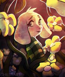 Rule 34 | 1boy, animal ears, artist name, asriel dreemurr, blush, child, chromatic aberration, fangs, flower, from side, furry, furry male, goat ears, green shirt, grey eyes, happy, light blush, long sleeves, looking at viewer, male focus, open mouth, plant, sad, shirt, short hair, smile, solo, spacecolonie, standing, striped clothes, striped shirt, tears, undertale, upper body, vines, watermark, white hair, yellow flower