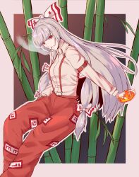 Rule 34 | 1girl, absurdres, baggy pants, bamboo, bow, breasts, cigarette, commentary, commentary request, fire, fujiwara no mokou, hair bow, hands in pockets, highres, hime cut, hound (ddda3110), long hair, long sleeves, looking at viewer, ofuda, ofuda on clothes, pants, red eyes, red pants, shirt, sidelocks, sleeve garter, small breasts, solo, suspenders, touhou, very long hair, white bow, white hair, white shirt