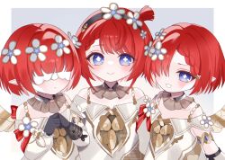 3girls bare_shoulders black_gloves blindfold blue_eyes blush closed_mouth commentary_request flower gloves grin hair_flower hair_ornament hands_up highres honkai:_star_rail honkai_(series) kino_(curry_pan) looking_at_viewer multiple_girls pointy_ears red_hair short_hair smile symbol-shaped_pupils trianne_(honkai:_star_rail) tribbie_(honkai:_star_rail) trinnon_(honkai:_star_rail) white_flower