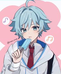 Rule 34 | 1boy, ahoge, alternate costume, artist name, bandaged arm, bandages, beamed sixteenth notes, blue eyes, blue hair, blush, chongyun (genshin impact), chongyun (gigo) (genshin impact), closed mouth, collared shirt, commentary request, contemporary, drawstring, eyelashes, food, genshin impact, hair between eyes, hand up, highres, holding, holding food, hood, hood down, hoodie, long sleeves, looking at viewer, male focus, musical note, necktie, popsicle, red background, red necktie, riane cotton, shirt, short hair, sidelocks, sixteenth note, solo, tongue, tongue out, twitter username, two-tone background, upper body, white background, white hoodie, white shirt, wing collar