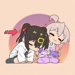 Rule 34 | 2girls, = =, ahoge, all fours, arrow (symbol), barefoot, black hair, black socks, chibi, colored inner hair, commentary, controller, game controller, genderswap, genderswap (mtf), grey hair, hair ornament, hairclip, holding, holding controller, holding game controller, lab coat, leaning on person, leaning to the side, long hair, long sleeves, matado (almukha), multicolored hair, multiple girls, onii-chan wa oshimai!, oyama mahiro, oyama mihari, pants, pink hair, pink pants, pout, purple hair, siblings, simple background, sisters, sitting, socks, twintails, twitter username, two-tone hair, wariza, wavy mouth, wireless game controller