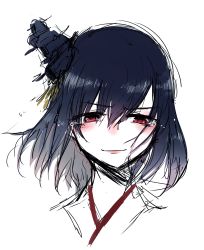 Rule 34 | 1girl, agtt25333, black hair, colored skin, crying, crying with eyes open, frown, hair between eyes, hair ornament, highres, japanese clothes, kantai collection, lipstick, looking at viewer, makeup, medium hair, red eyes, simple background, smile, solo, tears, upper body, white background, white skin, yamashiro (kancolle)