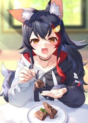 Rule 34 | 1girl, animal ear fluff, animal ears, black choker, black hair, black hoodie, blurry, blurry background, blush, cake, chocolate cake, choker, collarbone, commentary, english commentary, eyelashes, feeding, food, fork, hair between eyes, hair ornament, holding, holding fork, hololive, hood, hoodie, incoming food, izumi sai, light rays, long hair, long sleeves, looking at viewer, multicolored hair, ookami mio, ookami mio (casual), open mouth, orange eyes, pov across table, red hair, sitting, sleeves past wrists, smile, solo, streaked hair, sunlight, symbol-only commentary, two-tone hair, two-tone hoodie, upper body, virtual youtuber, white hoodie, wolf ears