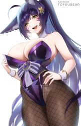 Rule 34 | 1girl, :d, absurdres, ahoge, animal ears, azur lane, bare arms, bare shoulders, black pantyhose, blush, breasts, cowboy shot, facial mark, fox ears, fox girl, hair ornament, hand on own hip, highleg, highleg leotard, highres, large breasts, leotard, long hair, looking at viewer, musashi (azur lane), open mouth, pantyhose, patreon username, ponytail, purple hair, purple leotard, simple background, smile, solo, teeth, thighs, tofuubear, upper teeth only, white background, yellow eyes