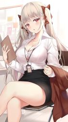 Rule 34 | 1girl, alternate costume, azur lane, bare legs, blouse, blush, bra, bra peek, breasts, buttons, cleavage, collarbone, collared shirt, crossed legs, formidable (azur lane), hair ribbon, head tilt, highres, indoors, large breasts, long hair, looking at viewer, parted lips, pdxen, red bra, red eyes, ribbon, shirt, shirt tucked in, sitting, skirt, solo, thighs, tight clothes, twintails, underwear, white hair, white shirt
