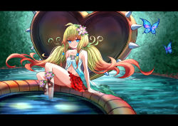 Rule 34 | 1girl, ahoge, blonde hair, blue butterfly, blue hair, bug, butterfly, duel monster, flower, foot bath, gradient hair, hair flower, hair ornament, highres, insect, lazupeace, letterboxed, long hair, looking at viewer, midriff, multicolored hair, plant, red hair, red skirt, skirt, solo, traptrix nepenthes, venus flytrap, water, yu-gi-oh!