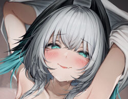 Rule 34 | 1girl, absurdres, arknights, close-up, collarbone, commentary request, green eyes, grey hair, head wings, highres, ho&#039;olheyak (arknights), long hair, looking at viewer, paid reward available, smile, solo, tab head, undressing, wings