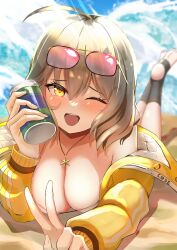 Rule 34 | 1girl, absurdres, ahoge, anis (nikke), anis (sparkling summer) (nikke), bare shoulders, bikini, black socks, blush, breasts, brown eyes, brown hair, can, cleavage, eyepatch bikini, eyewear on head, feet up, goddess of victory: nikke, hair between eyes, highres, holding, holding can, jacket, jewelry, large breasts, lying, necklace, no shoes, off shoulder, official alternate costume, on stomach, one eye closed, open mouth, pink-tinted eyewear, short hair, side-tie bikini bottom, smile, socks, soles, solo, ssa (kiseion), stirrup legwear, sunglasses, swimsuit, the pose, tinted eyewear, toeless legwear, toes, v, yellow jacket