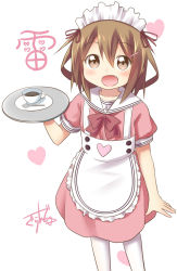 Rule 34 | 10s, 1girl, alternate costume, apron, brown eyes, brown hair, coffee, coffee cup, cup, disposable cup, fang, gggrande, gurande (g-size), heart, ikazuchi (kancolle), kantai collection, looking at viewer, maid, maid apron, maid headdress, open mouth, short hair, solo, spoon