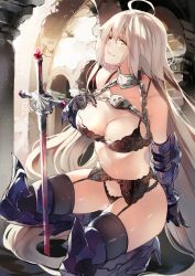 Rule 34 | 1girl, armor, armored boots, bare shoulders, black bra, black panties, black thighhighs, boots, bra, breasts, chain, chain necklace, cleavage, elbow gloves, fate/grand order, fate (series), full body, gloves, grey hair, hair between eyes, hand on own chest, highleg, highleg panties, jeanne d&#039;arc (fate), jeanne d&#039;arc alter (avenger) (fate), jeanne d&#039;arc alter (fate), ken (coffee michikusa), lace, lace-trimmed bra, lace-trimmed garter belt, lace-trimmed panties, lace trim, large breasts, lingerie, long hair, navel, necklace, panties, ruins, smile, solo, sword, thighhighs, underwear, weapon, yellow eyes