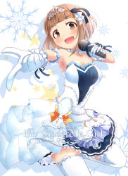 Rule 34 | 1girl, bare shoulders, blush, breasts, brown eyes, brown hair, cleavage, dress, english text, gloves, idolmaster, idolmaster cinderella girls, idolmaster cinderella girls starlight stage, kitami yuzu, looking at viewer, microphone, open mouth, pocket watch, pointing, ram hachimin, short hair, smile, solo, starry sky bright, thighhighs, tiara, watch, white gloves, white thighhighs