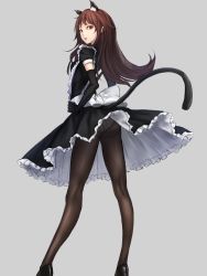 Rule 34 | 1girl, animal ears, arched back, ass, black footwear, black gloves, black pantyhose, brown hair, cat ears, cat girl, cat tail, clothes lift, commentary request, elbow gloves, expressionless, frilled skirt, frills, full body, gloves, grey background, hands on own hips, high heels, highres, legs, long hair, long legs, looking at viewer, looking back, maid, open mouth, original, pantyhose, puffy sleeves, red eyes, ribbon, shoes, short sleeves, skirt, skirt lift, solo, standing, sugi 214, tail, white ribbon