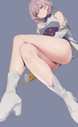 Rule 34 | 1girl, ankle boots, ass, bare shoulders, blue eyes, blurry, boots, breasts, buttons, coat, corset, crossed legs, depth of field, foreshortening, grey background, gridman universe, hair between eyes, head tilt, high heel boots, high heels, highres, lab coat, large breasts, leotard, light brown hair, looking at viewer, mujina, necktie, off shoulder, purple leotard, purple necktie, short shorts, shorts, simple background, sitting, solo, ssss.dynazenon, thighs, underbust, white coat, white footwear, yd (orange maru)