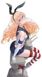 Rule 34 | 1girl, absurdres, bare shoulders, black neckerchief, black panties, blonde hair, blue sailor collar, blue skirt, blush, commentary, elbow gloves, floating hair, from above, full body, gloves, hair between eyes, head tilt, highleg, highleg panties, highres, kantai collection, kaze 22, korean commentary, long hair, looking at viewer, microskirt, neckerchief, open mouth, panties, parted lips, pleated skirt, rensouhou-chan, rudder footwear, sailor collar, school uniform, serafuku, shimakaze (kancolle), simple background, sitting, skirt, sleeveless, striped clothes, striped thighhighs, thighhighs, underwear, very long hair, white background, white gloves, yellow eyes, zettai ryouiki