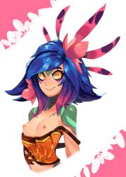 Rule 34 | 1girl, bare shoulders, blue hair, breasts, colored sclera, colored skin, flower, green sclera, green skin, hair flower, hair ornament, highres, javehorny, league of legends, linea alba, looking at viewer, multicolored hair, multicolored skin, neeko (league of legends), nipples, off shoulder, pink flower, pink hair, reptile girl, short hair, small breasts, smile, solo, upper body, yellow eyes