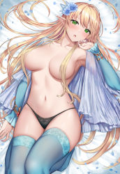 Rule 34 | 1girl, aqua thighhighs, arm at side, armpits, bed sheet, black panties, blonde hair, blue flower, blue thighhighs, blush, bracelet, breasts, capelet, collarbone, convenient censoring, detached sleeves, elf, flower, green eyes, hair censor, hair flower, hair ornament, hair over breasts, hand up, highres, jewelry, knees up, lace, lace panties, large breasts, long hair, looking at viewer, lying, mizuya nao, nail polish, navel, no shoes, on back, on bed, original, panties, petals, pointy ears, purple nails, see-through, skindentation, solo, thighhighs, topless, underwear, underwear only, very long hair