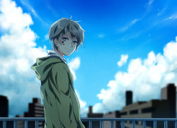 Rule 34 | 1boy, blue sky, brown eyes, cloud, day, grey hair, hood, hoodie, kagerou project, kokonose haruka, looking at viewer, maiori 00, male focus, short hair, sky, solo, summertime record (vocaloid), vocaloid