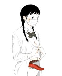 Rule 34 | 1girl, black hair, blouse, bow, bowtie, braid, chest mouth, collared shirt, covered mouth, dress shirt, dressing, extra mouth, hair over shoulder, long hair, long sleeves, mask, monster girl, mouth mask, open mouth, original, partially unbuttoned, saliva, school uniform, shirt, shokugyo, simple background, solo, teeth, tongue, tongue out, twin braids, twintails, upper body, white background, white shirt