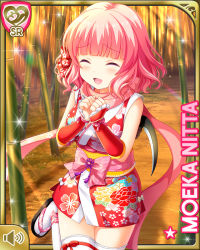 Rule 34 | 1girl, bamboo, bamboo forest, bow, card, character name, closed eyes, forest, girlfriend (kari), hair bow, japanese clothes, kimono, kunoichi, kusarigama, looking at viewer, nature, nitta moeka, official art, open mouth, outdoors, pink bow, pink hair, purple eyes, qp:flapper, red bow, red kimono, sandals, short hair, sickle, smile, solo, standing, standing on one leg, tagme, thighhighs, weapon, white thighhighs