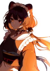 Rule 34 | 1girl, animal ears, apron, black choker, brown eyes, brown hair, choker, dog ears, dog hair ornament, floating hair, flower, frilled apron, frills, hair flower, hair ornament, heterochromia, inui toko, long hair, looking at viewer, low twintails, maid, maid headdress, nijisanji, obi, red eyes, red flower, sash, simple background, solo, twintails, upper body, very long hair, virtual youtuber, wa maid, white apron, white background, yamabukiiro