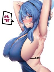 Rule 34 | 1girl, ako (blue archive), ako (dress) (blue archive), anger vein, armpits, arms behind head, blue archive, blue dress, blue eyes, blue hair, breasts, clenched teeth, covered erect nipples, dress, large breasts, looking at viewer, official alternate costume, shiki (catbox230123), simple background, solo, spoken anger vein, teeth, white background