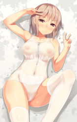 Rule 34 | 1girl, bad id, bad pixiv id, blush, breasts, brown eyes, cameltoe, collarbone, covered erect nipples, covered navel, double v, female focus, front zipper swimsuit, highres, large breasts, leg up, meme attire, nipples, one-piece swimsuit, original, partially visible vulva, samegami, school swimsuit, see-through, silver hair, smile, solo, swimsuit, thighhighs, v, wet, wet clothes, wet swimsuit, white one-piece swimsuit, white school swimsuit, white thighhighs