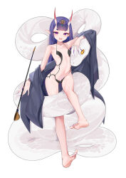 Rule 34 | 1girl, absurdres, alternate hair length, alternate hairstyle, animal, bare arms, bare shoulders, barefoot, bikini, black kimono, blunt bangs, center-flap bangs, chinese commentary, commentary request, fate/grand order, fate (series), feet, fingernails, full body, gradient horns, groin, hair between horns, highres, hikimayu, holding, holding smoking pipe, horns, japanese clothes, kimono, kimono partially removed, kiseru, long fingernails, multicolored horns, nail polish, navel, open clothes, open kimono, oversized animal, petite, purple hair, purple nails, red horns, revealing clothes, sharp fingernails, shuten douji (fate), simple background, skin-covered horns, smoking pipe, snake, soles, stomach, swimsuit, thick eyebrows, toenail polish, toenails, toes, white bikini, wo chi xiangjiao pi