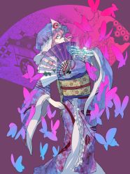 Rule 34 | 1girl, animal print, blue hat, blue kimono, bug, butterfly, butterfly print, floral print, folding fan, frilled kimono, frills, hand fan, hat, highres, holding, holding fan, insect, japanese clothes, kijima (amayadori-tei), kimono, long sleeves, looking at viewer, mob cap, obi, pink eyes, pink hair, profile, purple background, saigyouji yuyuko, saigyouji yuyuko&#039;s fan design, sash, simple background, skeletal arm, solo, standing, touhou, triangular headpiece, wide sleeves