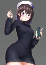 Rule 34 | 1girl, beret, black sweater, blush, breasts, brown hair, cellphone, closed mouth, commentary request, commission, glasses, grey background, hair ornament, hairclip, hands up, hat, heart, heart hair ornament, highres, holding, holding phone, long sleeves, looking at viewer, medium breasts, original, phone, prophosphere, puffy long sleeves, puffy sleeves, purple eyes, simple background, smile, solo, sweater, white hat
