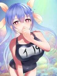 Rule 34 | 1girl, absurdres, air bubble, blue hair, blush, breasts, bubble, collarbone, covered mouth, cowboy shot, dangan kurabu, flower-shaped pupils, hair ribbon, highres, i-19 (kancolle), kantai collection, large breasts, multicolored background, name tag, one-piece swimsuit, ribbon, school swimsuit, solo, swimsuit, symbol-shaped pupils, tri tails, twintails, underwater