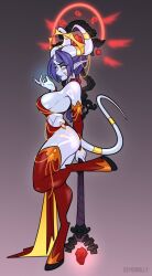 Rule 34 | 1girl, arm behind back, artist name, ass, bare shoulders, blue hair, braid, breasts, detached sleeves, dimedrolly, draenei, foot up, from side, gradient background, grey background, hand up, highres, holding, holding weapon, hooves, horns, large breasts, long hair, no pupils, original, parted lips, pointy ears, red sleeves, sideboob, tail, teeth, weapon, yellow eyes