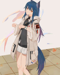 Rule 34 | 1girl, animal ears, arknights, black shirt, blue hair, coat, colored inner hair, feet out of frame, frown, fur-trimmed hood, fur-trimmed sleeves, fur trim, hands up, highres, hood, hood down, id card, jewelry, leaf, long hair, looking at viewer, multicolored hair, necklace, no legwear, official alternate costume, open clothes, open coat, orange eyes, shirt, shorts, solo, standing, tail, texas (arknights), texas (winter messenger) (arknights), white coat, white shorts, white wristband, winter clothes, winter coat, wolf ears, wolf girl, wolf tail, ya daren