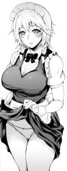 Rule 34 | 1girl, absurdres, apron, bow, bowtie, braid, breasts, clothes lift, greyscale, highres, izayoi sakuya, large breasts, lifted by self, lips, looking at viewer, maid headdress, mayonaka taruho, monochrome, panties, shirt, short hair, silver hair, simple background, skirt, skirt lift, solo, thick thighs, thighs, touhou, twin braids, underwear, vest, waist apron, white background, white shirt