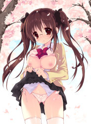 Rule 34 | 1girl, bad id, bad pixiv id, blazer, bow, bra, bra lift, breasts, breasts out, brown hair, cameltoe, cherry blossoms, clothes lift, cowboy shot, emily (pure dream), female focus, glasses, jacket, large breasts, lingerie, long sleeves, looking at viewer, nature, nipples, open clothes, open jacket, open shirt, original, outdoors, panties, petals, shirt, side-tie panties, skirt, skirt lift, solo, thighhighs, tree, twintails, underwear, upskirt, white panties, white thighhighs
