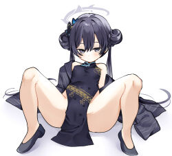Rule 34 | 1girl, bare shoulders, black dress, black hair, blue archive, blush, breasts, butterfly hair ornament, china dress, chinese clothes, coat, double bun, dragon print, dress, grey eyes, hair bun, hair ornament, halo, highres, kisaki (blue archive), long hair, looking at viewer, norisukexxy, pelvic curtain, small breasts, solo, spread legs, striped, striped coat, white background