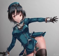 Rule 34 | 1girl, beret, black gloves, black hair, black thighhighs, breasts, garter straps, gloves, grey background, hat, highres, kantai collection, large breasts, looking at viewer, military, military uniform, miniskirt, red eyes, short hair, skirt, solo, takao (kancolle), thighhighs, uniform, xfate