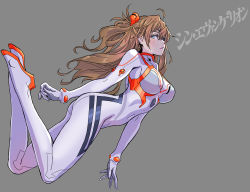 Rule 34 | 1girl, absurdres, aqua eyes, ass, bodysuit, breasts, brown hair, covered navel, curvy, evangelion: 3.0+1.0 thrice upon a time, eyepatch, floating, floating hair, full body, grey background, hairband, hairpods, highres, interface headset, large breasts, multicolored bodysuit, multicolored clothes, neon genesis evangelion, plugsuit, rebuild of evangelion, red-framed eyewear, shiny clothes, skin tight, solo, souryuu asuka langley, twintails, white bodysuit, wide hips, yamashita shun&#039;ya