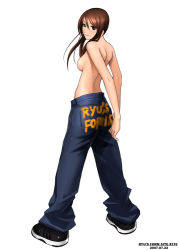 Rule 34 | 00s, 1girl, 2007, back, baggy pants, black eyes, breasts, brown hair, dated, denim, jeans, looking back, pants, ryu (ryu&#039;s form site), shoes, smile, solo, tomboy, topless, white background