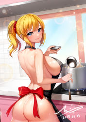 Rule 34 | 1girl, absurdres, apron, ass, back, bare arms, bare back, bare shoulders, black apron, blonde hair, blue eyes, breasts, closed mouth, cooking, cowboy shot, cup, dated, day, fingernails, food, from behind, hair ornament, hair scrunchie, hands up, highres, holding, holding cup, indoors, jai (whany1998), kitchen, ladle, large breasts, long fingernails, looking at viewer, looking back, medium hair, naked apron, no panties, original, pink lips, ponytail, pot, red ribbon, red scrunchie, ribbon, sash, scrunchie, short hair, shoulder blades, sideboob, sidelocks, signature, solo, sparkle, standing, stove, window