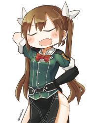 Rule 34 | &gt;:d, 10s, 1girl, :d, arm behind head, blush, bow, bowtie, brown hair, closed eyes, cowboy shot, elbow gloves, fang, gloves, hair ribbon, hand on own hip, kantai collection, nanatsuta, open mouth, pelvic curtain, ribbon, single glove, smile, solo, tone (kancolle), tone kai ni (kancolle), twintails, twitter username, v-shaped eyebrows, white background