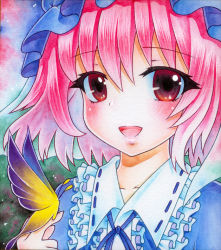 Rule 34 | 1girl, bad id, bad pixiv id, bug, butterfly, female focus, hat, insect, japanese clothes, lips, open mouth, pink hair, qqqrinkappp, red eyes, saigyouji yuyuko, short hair, smile, solo, touhou, traditional media, triangular headpiece, watercolor pencil (medium)