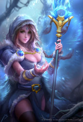 Rule 34 | 1girl, arm warmers, artist name, belt, black thighhighs, blonde hair, blue background, blue eyes, branch, breasts, cleavage, cowboy shot, crystal maiden, derrick song, dota (series), dota 2, facebook username, forehead jewel, fur trim, highres, hood, jewelry, lips, long hair, looking at viewer, medium breasts, nose, outstretched hand, parted lips, pelvic curtain, realistic, snowing, solo, staff, thighhighs, watermark, web address