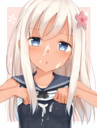 Rule 34 | 10s, 1girl, :&lt;, blue eyes, chocolate, cum, facial, flower, hair flower, hair ornament, highres, kantai collection, long hair, looking at viewer, one-piece swimsuit, ro-500 (kancolle), school swimsuit, school uniform, sexually suggestive, solo, suggestive fluid, swimsuit, swimsuit under clothes, tsuchikure, white chocolate, white day, white hair