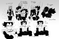 Rule 34 | 1boy, 1girl, amartbee, ass, bulge, bulma, commentary, dragon ball, dragon radar, dragonball z, dreaming, emphasis lines, english commentary, english text, erection, erection under clothes, hetero, monochrome, revealing clothes, saiyan armor, sitting, sitting on lap, sitting on person, sleeveless, sleeveless jacket, spiked hair, thighhighs, twitter username, vegeta, waking up, wet