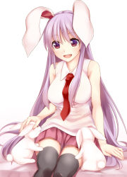 Rule 34 | 1girl, animal, animal ears, bad id, bad pixiv id, bare shoulders, black thighhighs, breasts, collarbone, hisae (hisae collect), large breasts, light purple hair, long hair, looking down, necktie, open mouth, pleated skirt, purple hair, rabbit, rabbit ears, rabbit girl, rabbit tail, red eyes, red necktie, reisen udongein inaba, shirt, simple background, sitting, skirt, sleeveless, solo, tail, thighhighs, touhou, very long hair, white background, zettai ryouiki
