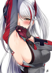 Rule 34 | 1girl, adjusting clothes, antenna hair, armpit cutout, armpits, azur lane, blush, breasts, brown eyes, clothing cutout, covered mouth, cross, hair between eyes, half-closed eyes, headgear, highres, iron cross, large breasts, leotard, long hair, looking at viewer, mole, mole on breast, multicolored hair, presenting armpit, prinz eugen (azur lane), red hair, silver hair, simple background, sleeve pull, smile, solo, streaked hair, two side up, upper body, very long hair, white background, xter