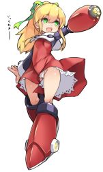 Rule 34 | 1girl, arm cannon, arm up, blonde hair, boots, capcom, commentary request, dress, energy cannon, green eyes, karukan (monjya), knee boots, legs, long hair, mega man (classic), mega man (series), open mouth, outstretched arm, panties, pantyshot, ponytail, red dress, red footwear, red legwear, ribbon, robot girl, roll (mega man), short dress, sidelocks, simple background, smile, solo, thighs, underwear, upskirt, weapon, white background, white panties, wind, wind lift