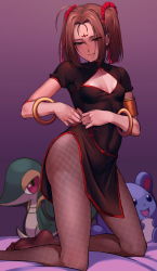 Rule 34 | 1girl, black eyes, blue eyes, breasts, brown hair, china dress, chinese clothes, chu love yun, cleavage cutout, clothing cutout, creatures (company), crossover, derivative work, dress, dressing, facial mark, fate/grand order, fate (series), fishnet pantyhose, fishnets, forehead mark, game freak, gen 2 pokemon, gen 5 pokemon, gradient background, grey background, hair ornament, hair scrunchie, highres, jewelry, kneeling, marill, medium hair, multicolored eyes, nezha (fate), nintendo, open mouth, pantyhose, pokemon, pokemon (creature), purple background, red eyes, scrunchie, short sleeves, small breasts, snivy, soles, twintails, yellow eyes